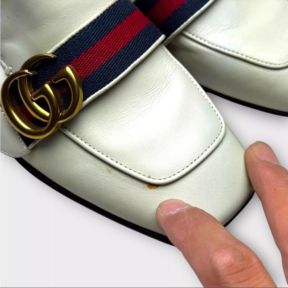 Gucci Ivory Leather Pearl Heel GG Marmont Loafers Shoes Women 36 US Size 6 - Picture 4 of 16